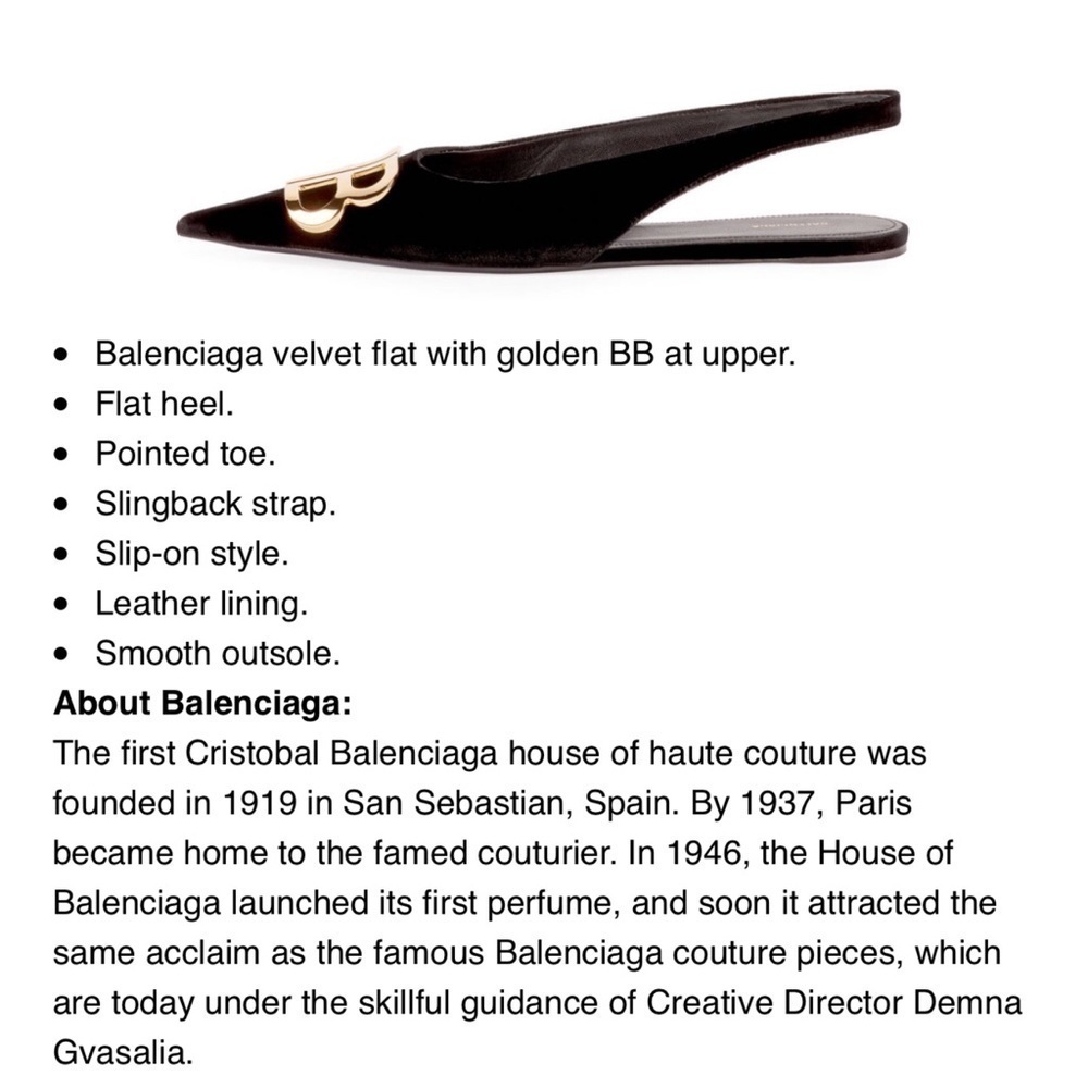 Balenciaga Black Velvet BB Knife Slingback Flats Shoes Pointy Toe Size 8.5 - Picture 3 of 11